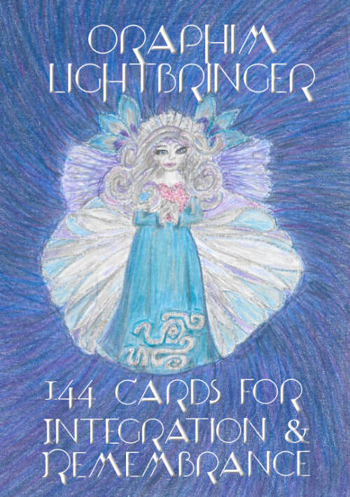 Oraphim Lightbringer Card Cover colored pencil drawing of an Oraphim being, wearing a blue dress, holding a pink diamond heart, and wearing a white diamond crown.